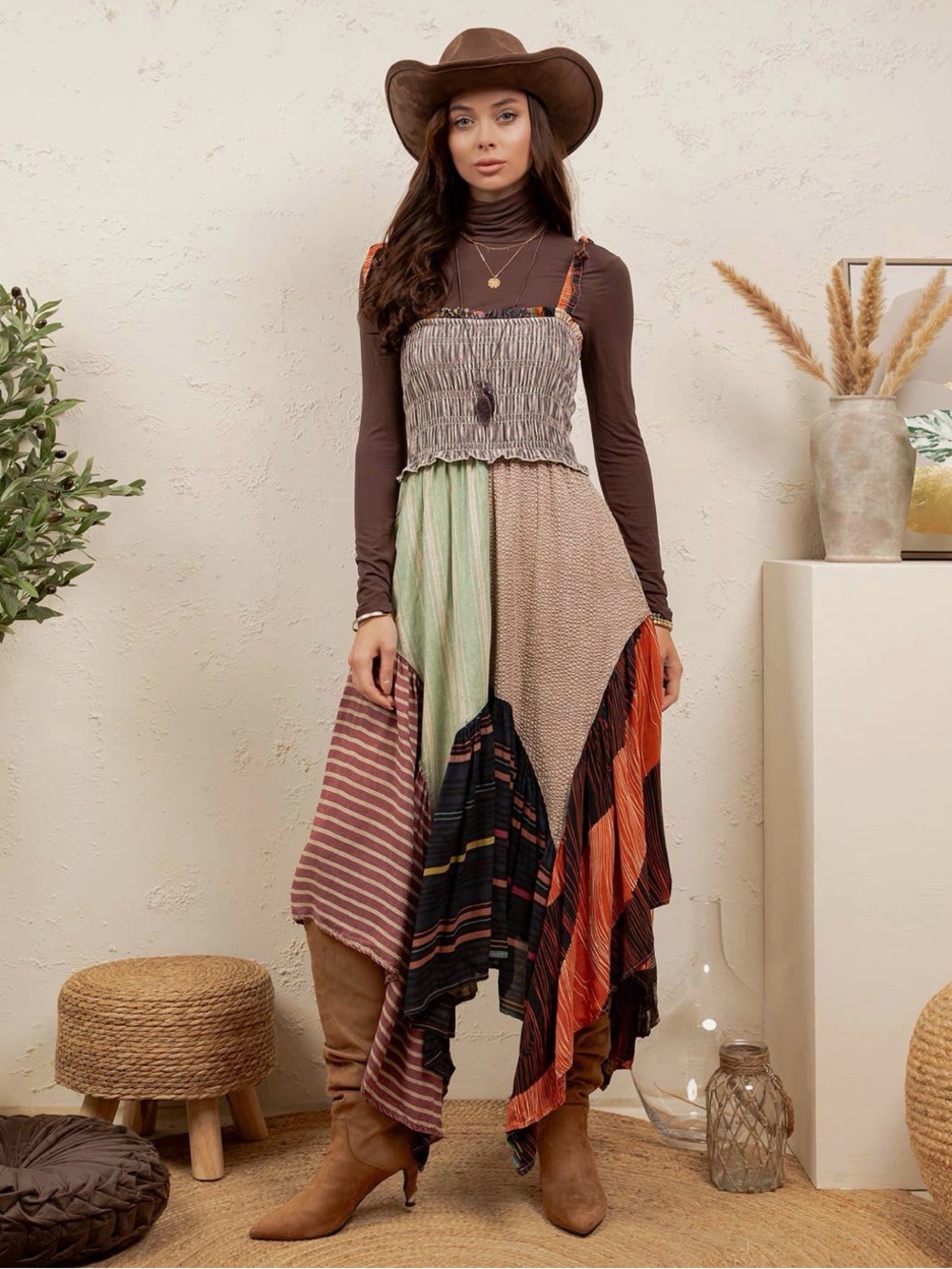 Boho Patchwork Maxi Dress in Earth Tones